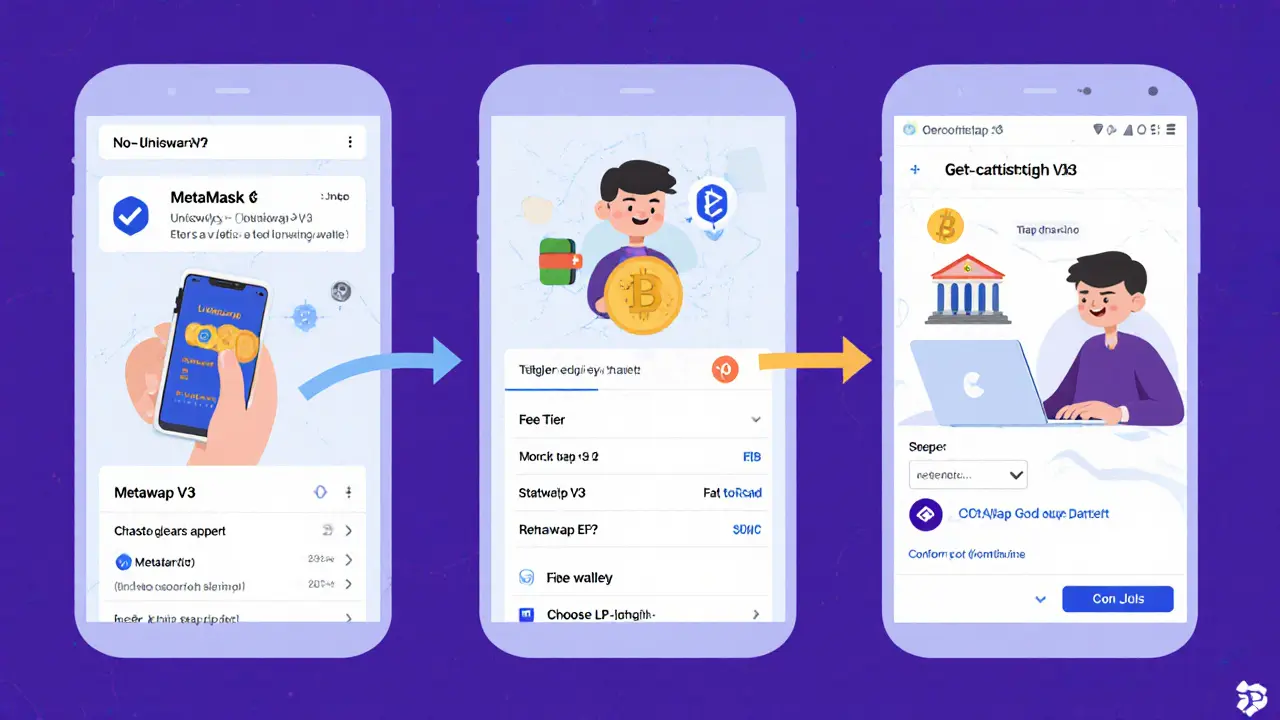 Cartoon comic strip of steps to start trading and provide liquidity on Uniswap V3.