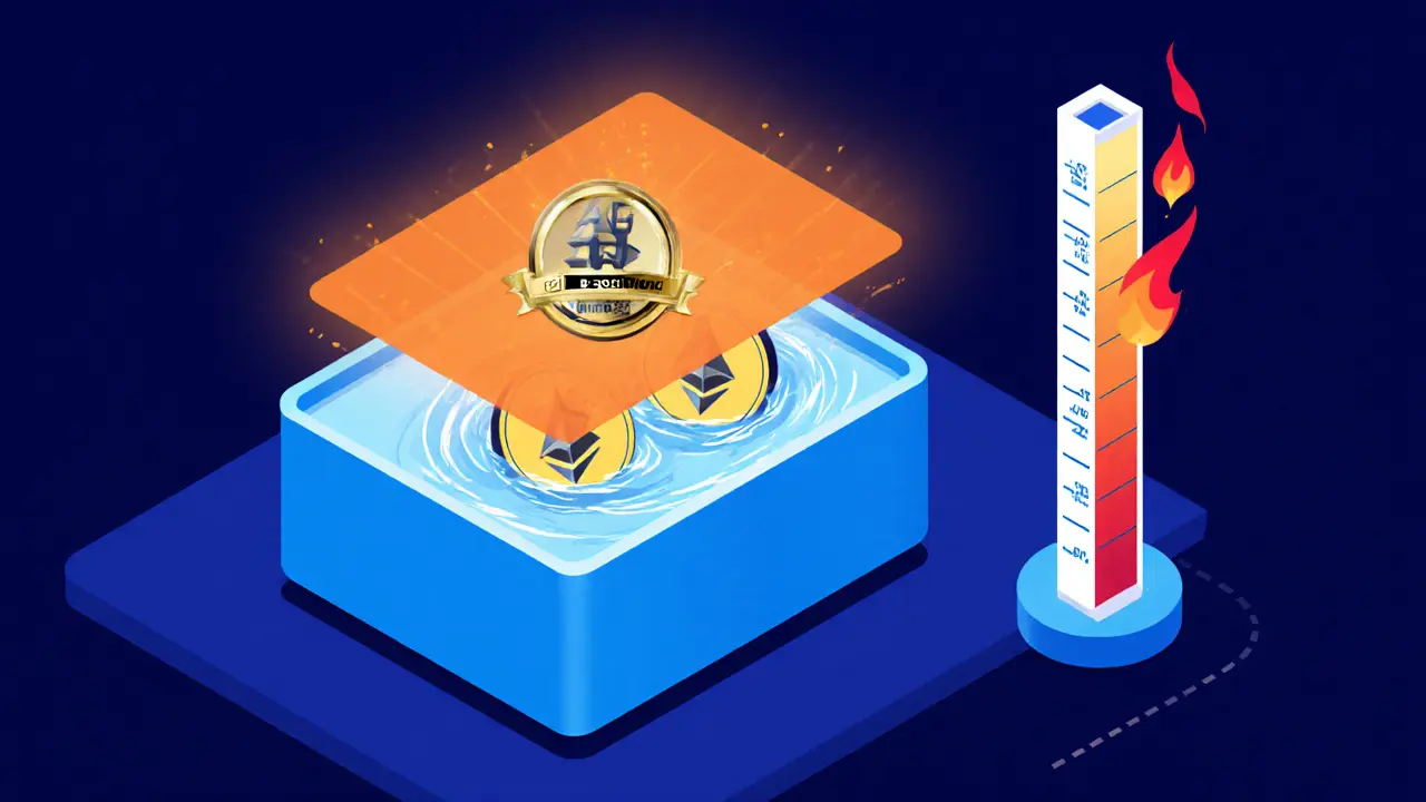 Cartoon illustrates concentrated liquidity with price range band, NFT LP badge, and gas fee gauge.