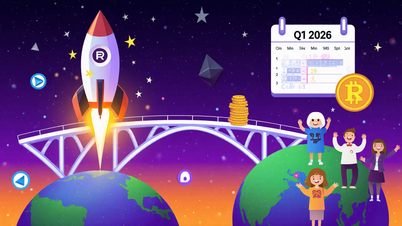 Cartoon roadmap with a bridge to Ethereum, rocket launch, token vesting calendar and community icons.
