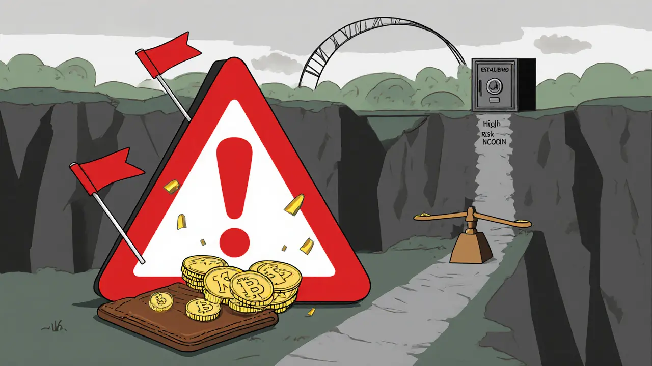 Cartoon wallet with NCOIN tokens near a red warning triangle and divergent paths.