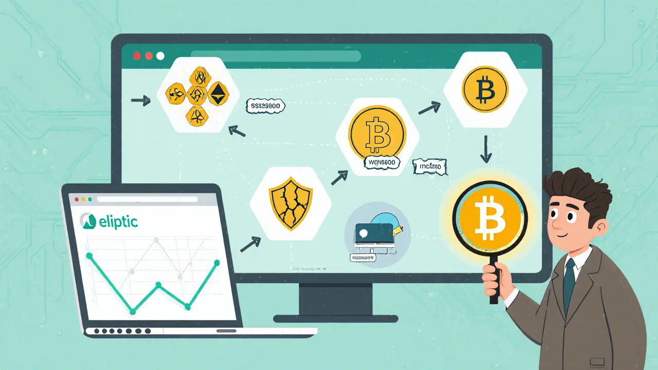 Detective cartoon examines Bitcoin while arrows connect wallet clusters, mixers, and a cracked Bybit logo.