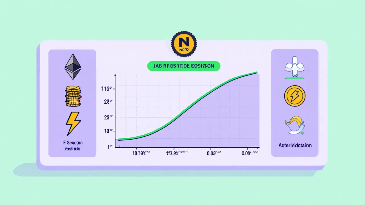 Flat cartoon illustration of a price curve with a highlighted liquidity range and fee tier icons.