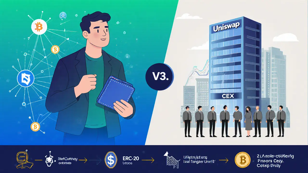 Flat cartoon split scene comparing a self‑custody user on Uniswap with a centralized exchange building.