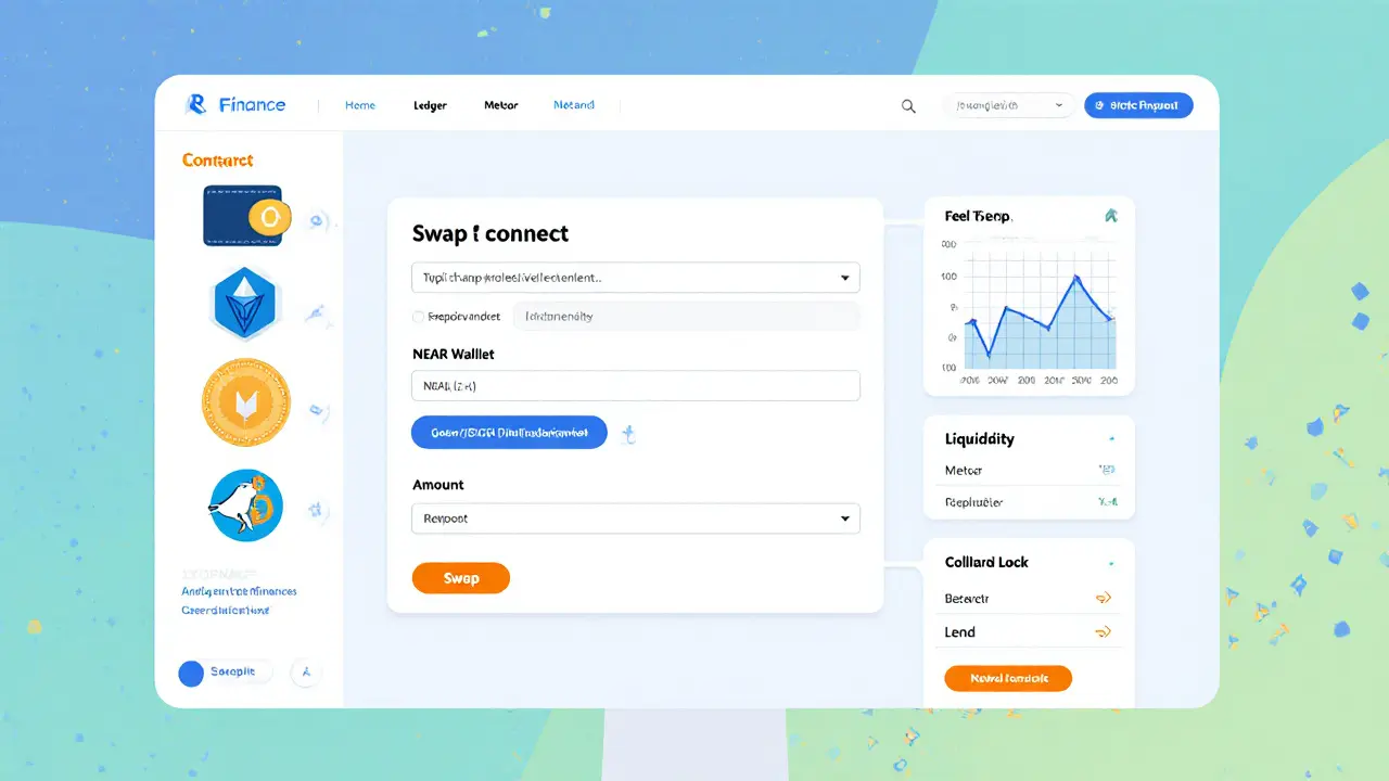 Flat illustration of Rhea Finance web UI showing wallet connection, swap form, liquidity and lend tabs.