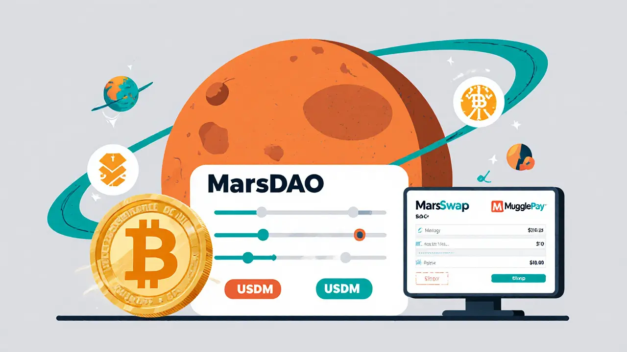 MarsDAO control panel with USDM stablecoin, MarsSwap screen, and MugglePay partnership icons.