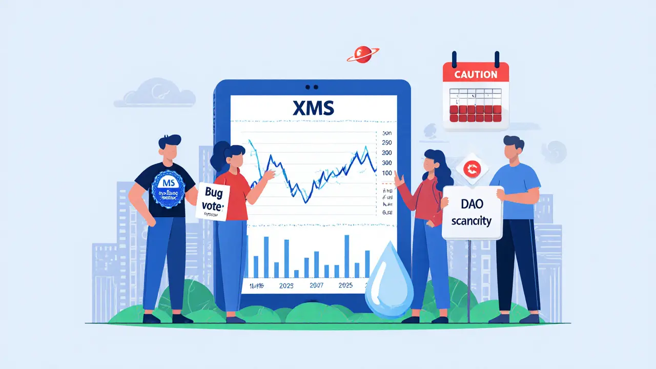 Small group of avatars discussing XMS price chart, bug bounty badge, and liquidity warning.