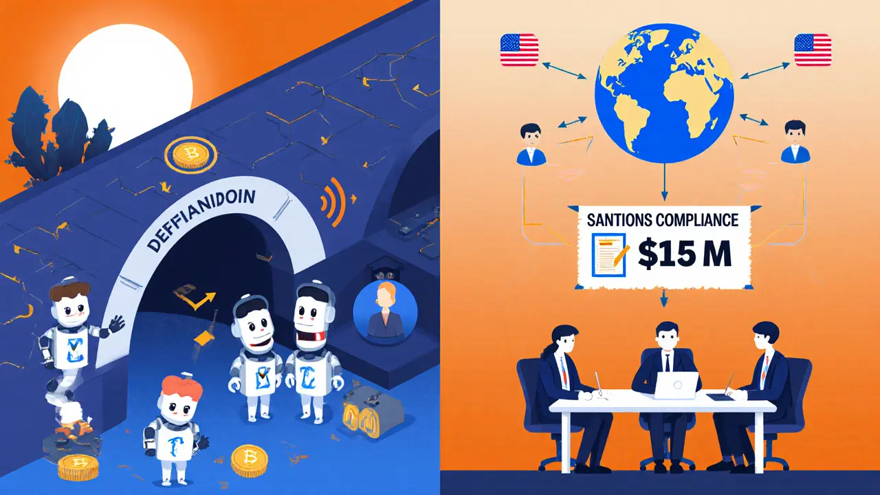 Split scene showing DeFi smart contracts draining funds and a compliance team checking a sanctions checklist.