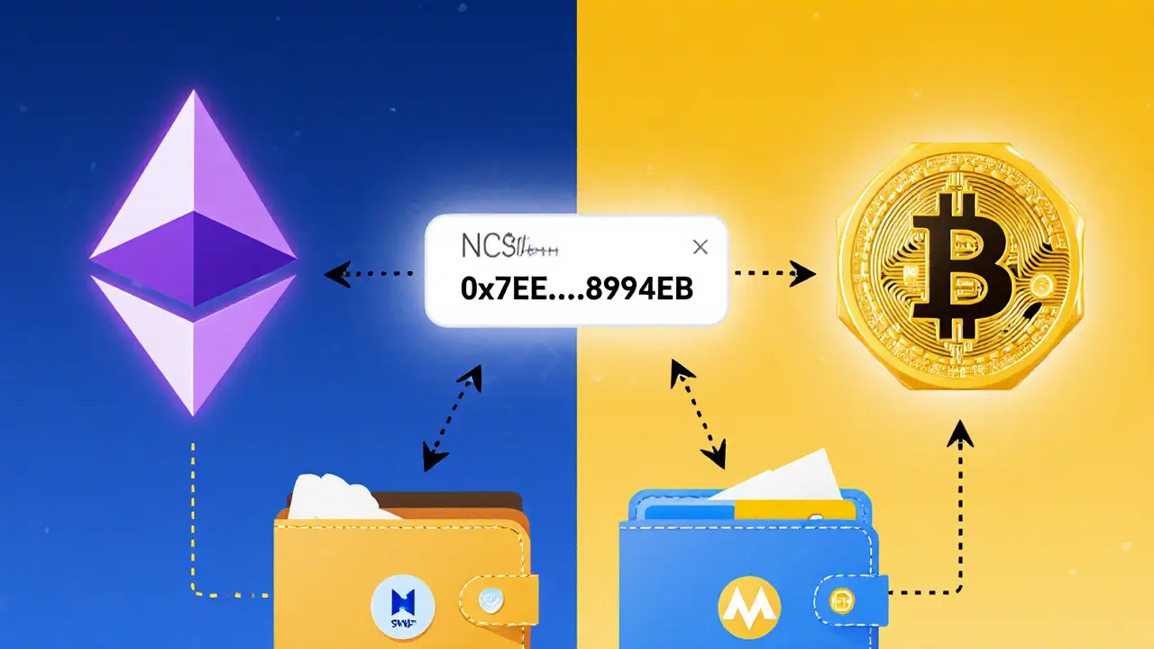 Split scene showing Ethereum and BNB Chain logos with NCOIN contract address between them.