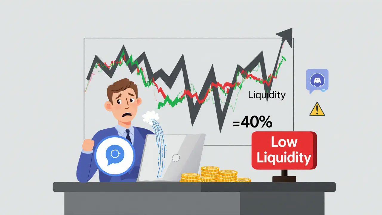 Cartoon trader looking at volatile price chart and tiny liquidity pool.