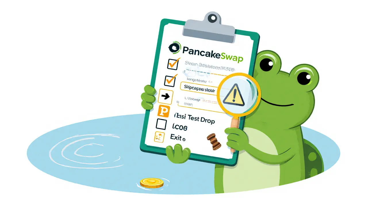 Frog holding a checklist with icons for contract, DEX, slippage, and SEC.