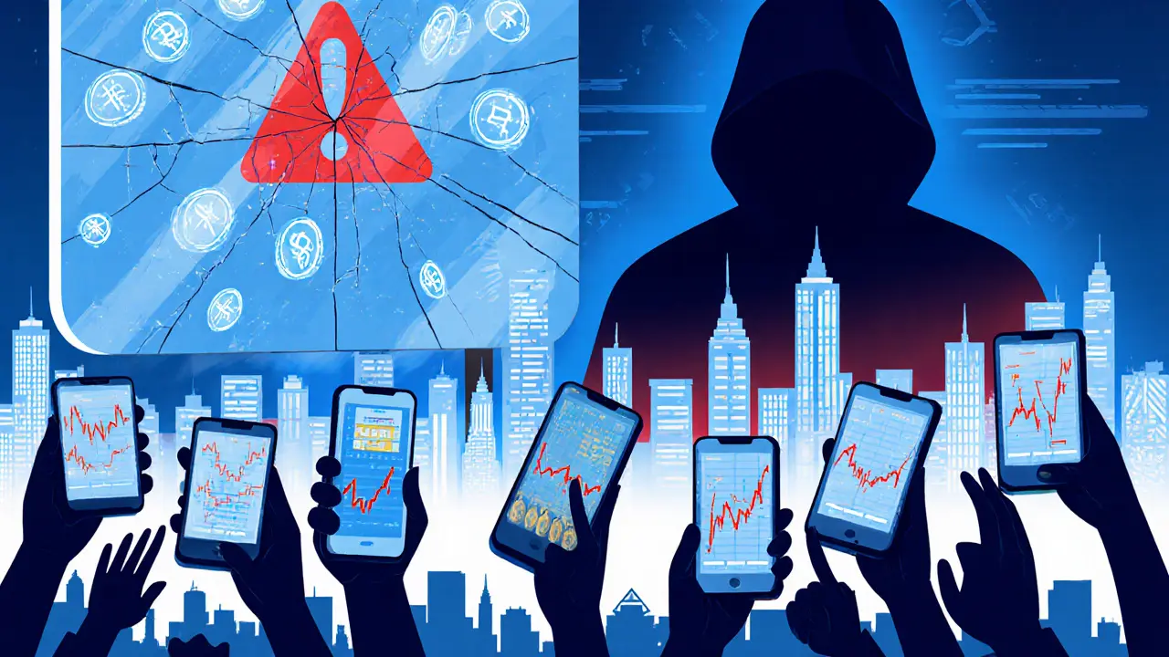 Tehran skyline with cracked digital screen, falling coins, and a hacker silhouette.