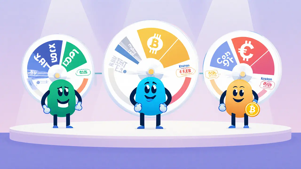 Three mascot characters with gauge meters illustrating different exchange fee levels.
