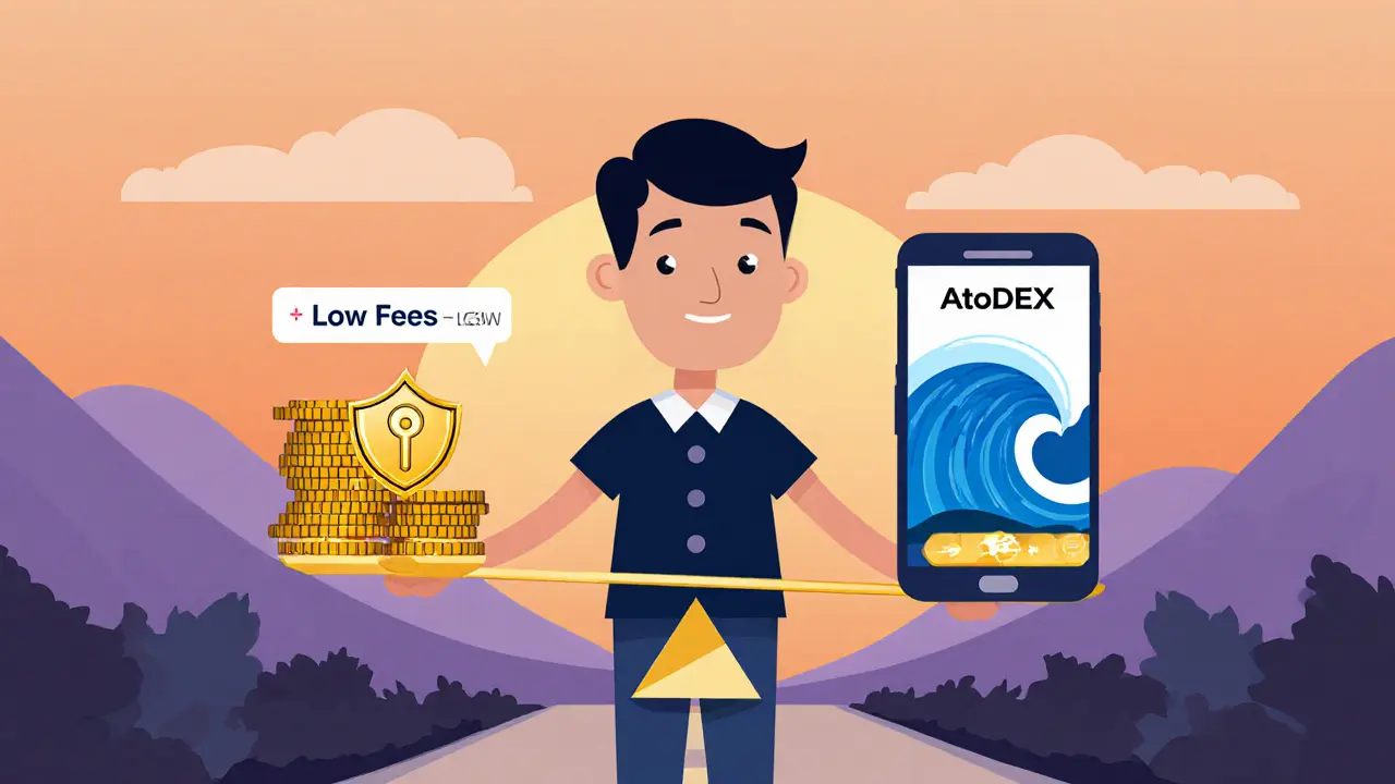 Trader balancing a scale with low‑fee self‑custody icons against security and liquidity symbols.