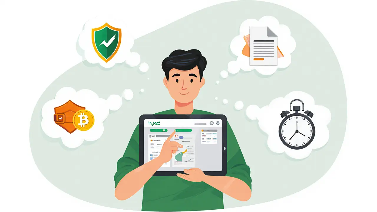 User on a tablet with icons for security, tax, DAI, VPN, and hardware wallet.