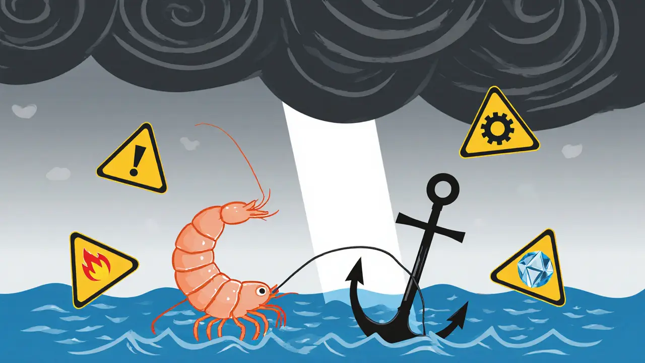 A lone shrimp in a stormy sea tied to a broken anchor, surrounded by caution signs, representing risky SHRIMP tokens.
