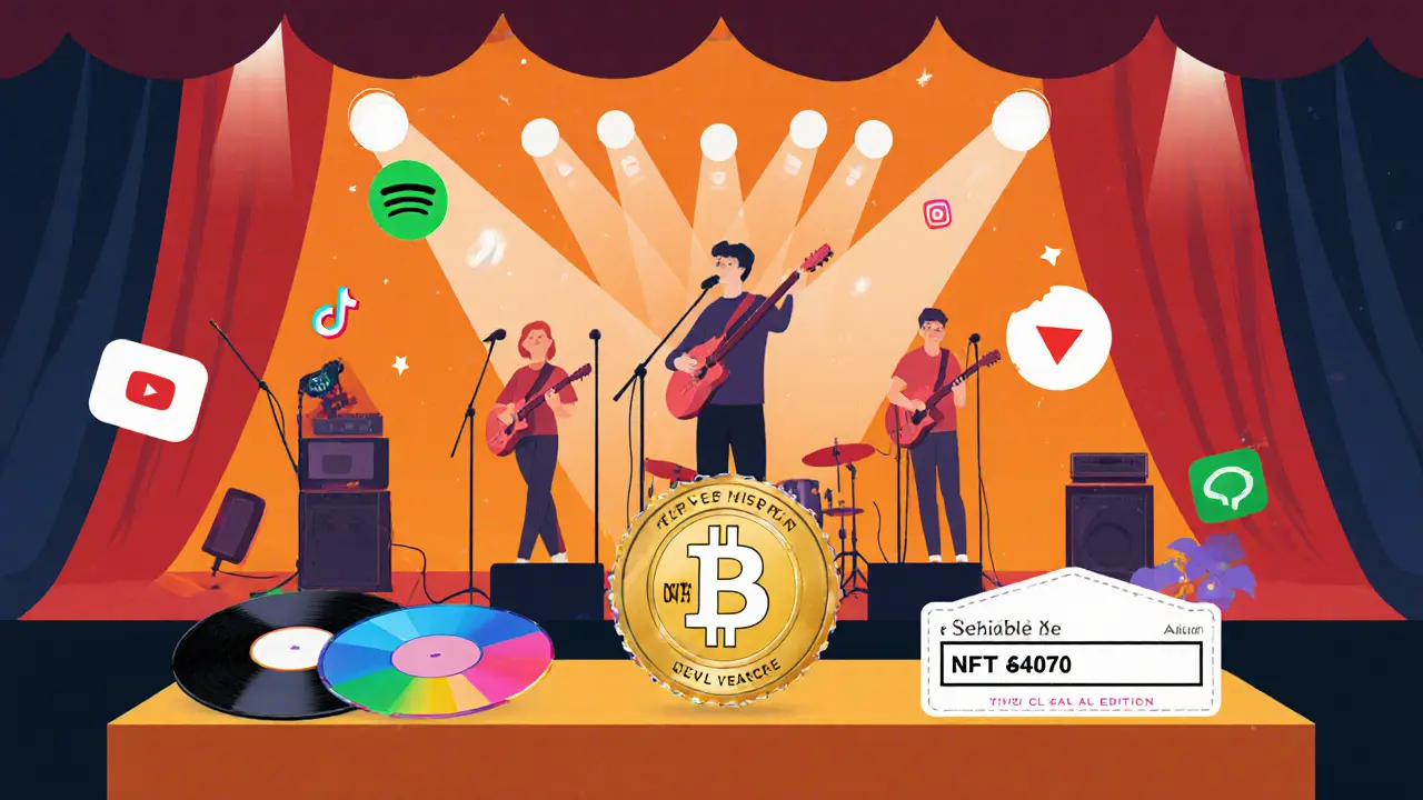 Band performs on stage with streaming icons; vinyl, CDs, and NFT badge displayed nearby.