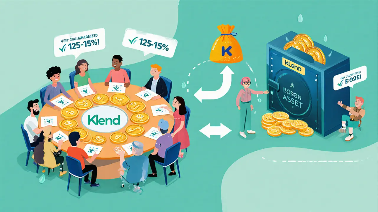 Cartoon DAO council voting while crypto is deposited as collateral and loan tokens are issued, with miners earning rewards.