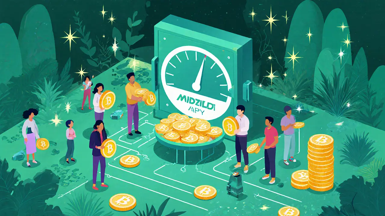 Characters deposit MND tokens into a vault with a 75% APY gauge in a bright garden.