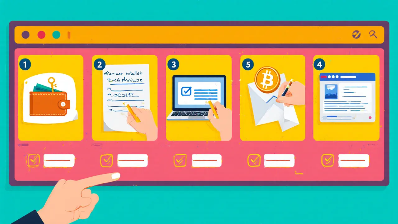 Flat cartoon checklist showing safe airdrop steps.