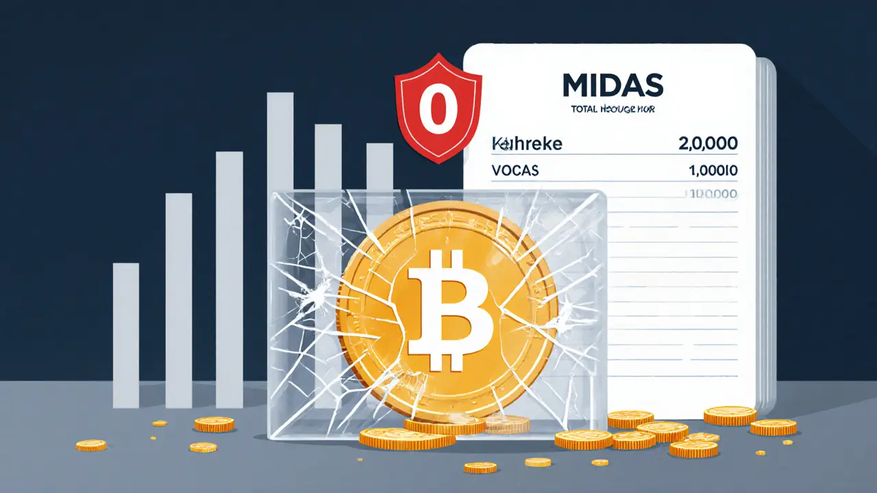 Flat cartoon illustrating MIIDAS token with empty volume chart, cracked glass, and supply ledger.