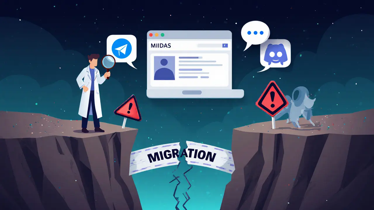 Flat cartoon of a deserted community forum, broken migration bridge, and researcher with warning signs.