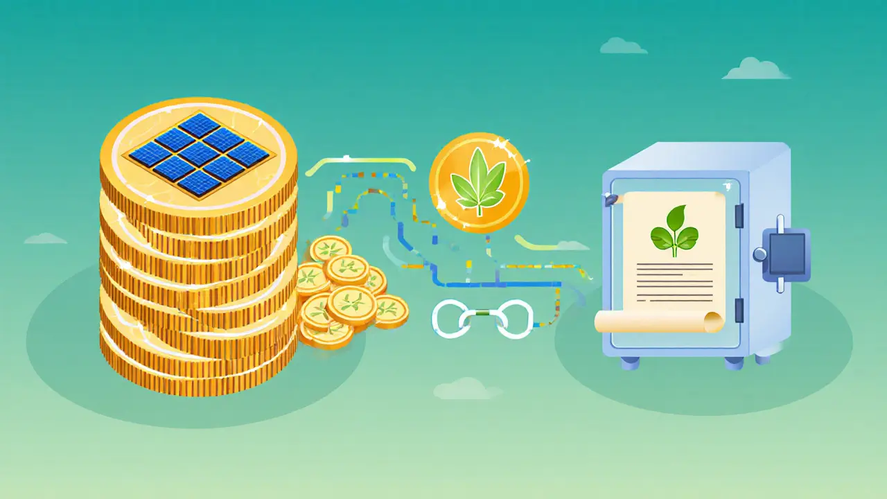 Flat illustration of a blockchain ledger linking renewable energy certificates and carbon credit tokens.