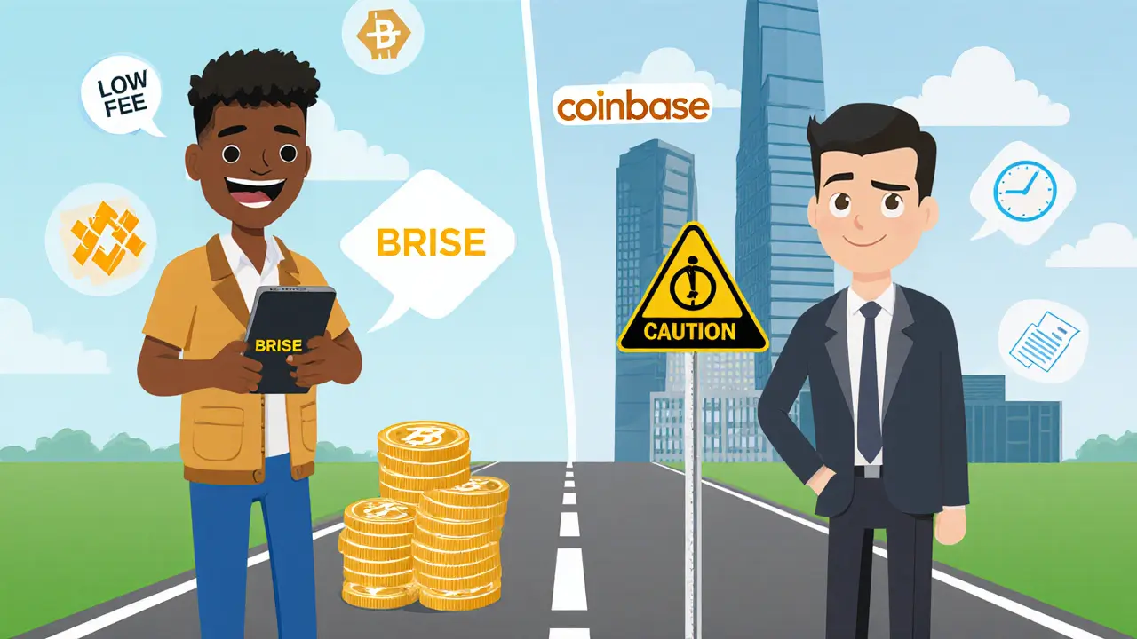 Forked road showing retail trader happy with low fees and institutional trader wary of Bitgert risks.