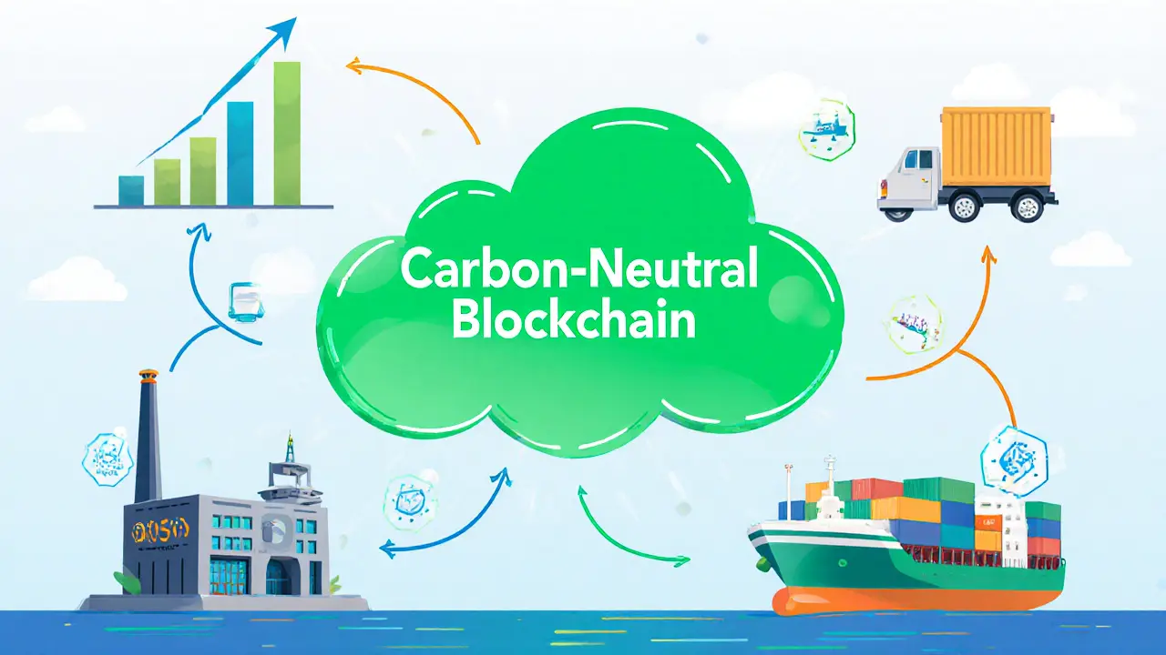 Future green blockchain ecosystem connecting enterprises, IoT sensors, and a rising adoption graph.