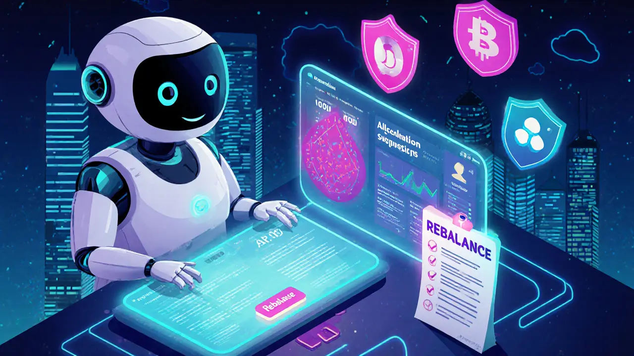 Futuristic AI robot presenting an advanced crypto dashboard with rebalancing and compliance icons.
