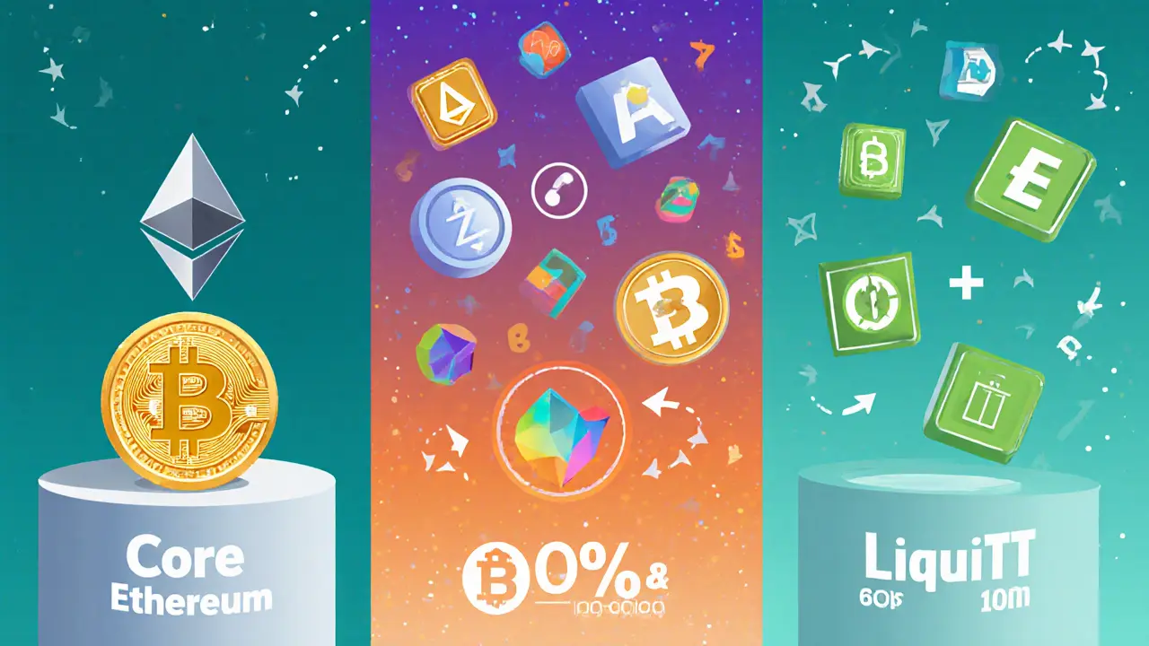 Illustration of three allocation buckets: Bitcoin/Ethereum core, mid‑cap altcoins growth, stablecoins liquidity.