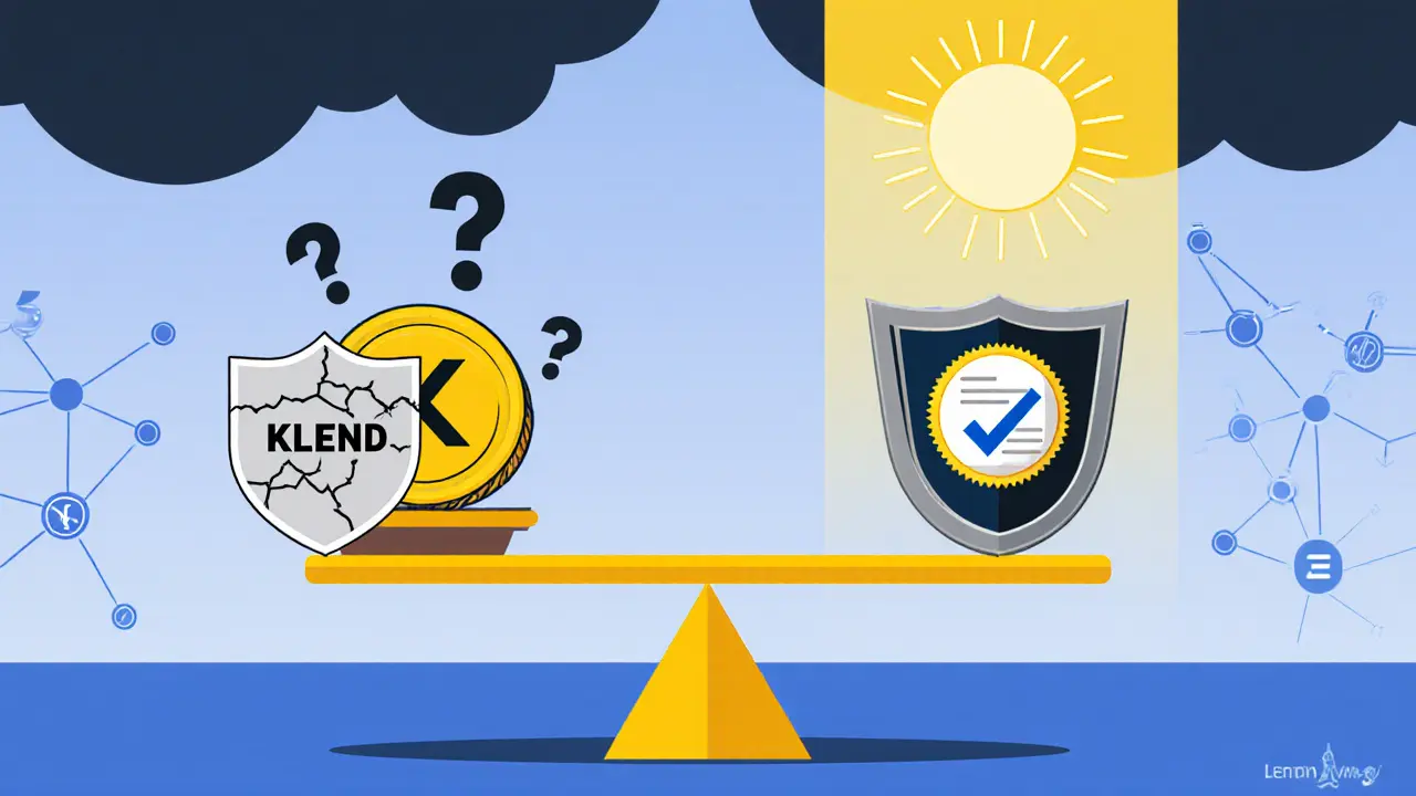 Scale weighing KLend token with no audit against a shielded, audited platform under contrasting clouds.