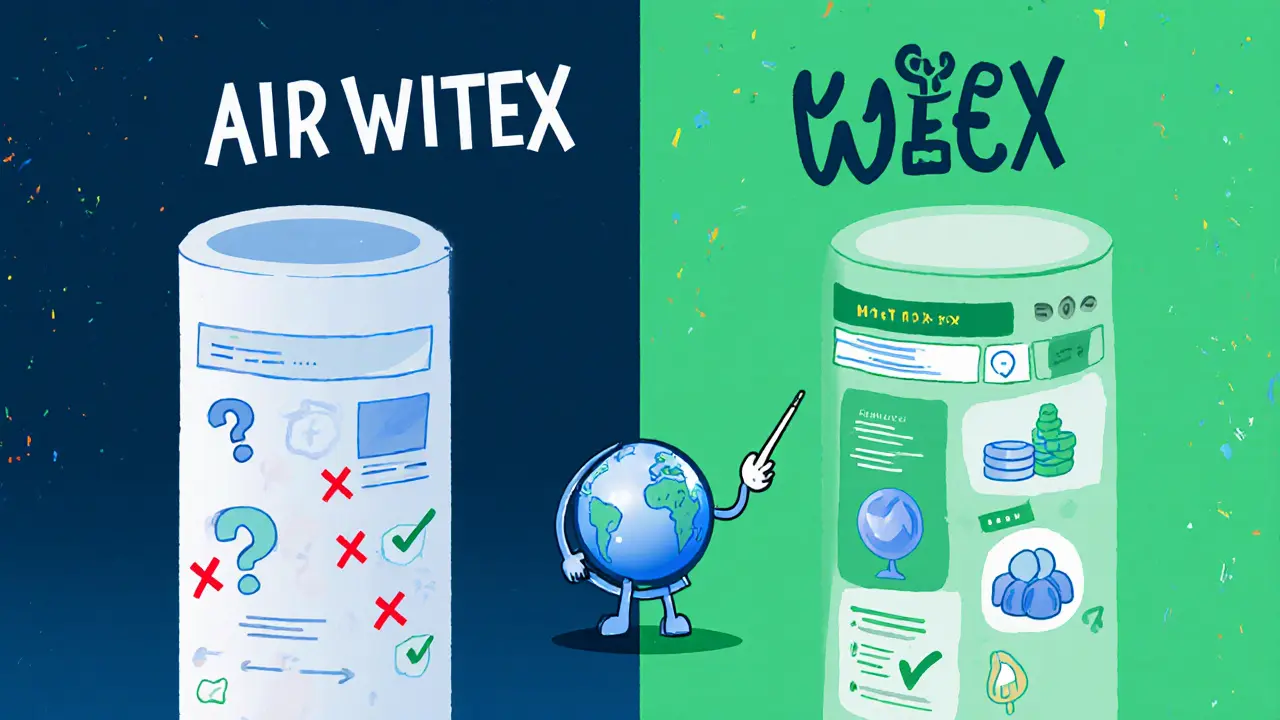 Side‑by‑side cartoon comparison of WHITEX vs. WEEX airdrop features.