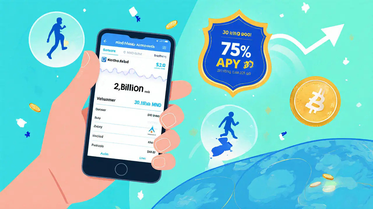 Smartphone wallet shows 2 billion MND with icons for 15,000 winners and 75% APY.