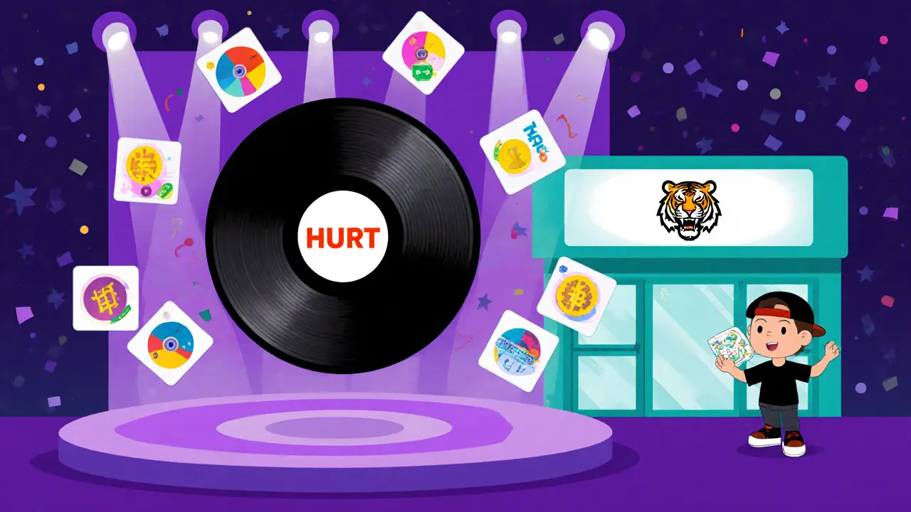 Stage with vinyl record, NFT cards, and exchange logo illustrating music‑crypto blend.