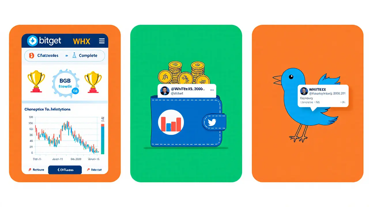 Three cartoon panels depicting Bitget challenges, BGB to WHX conversion, and a Twitter retweet.