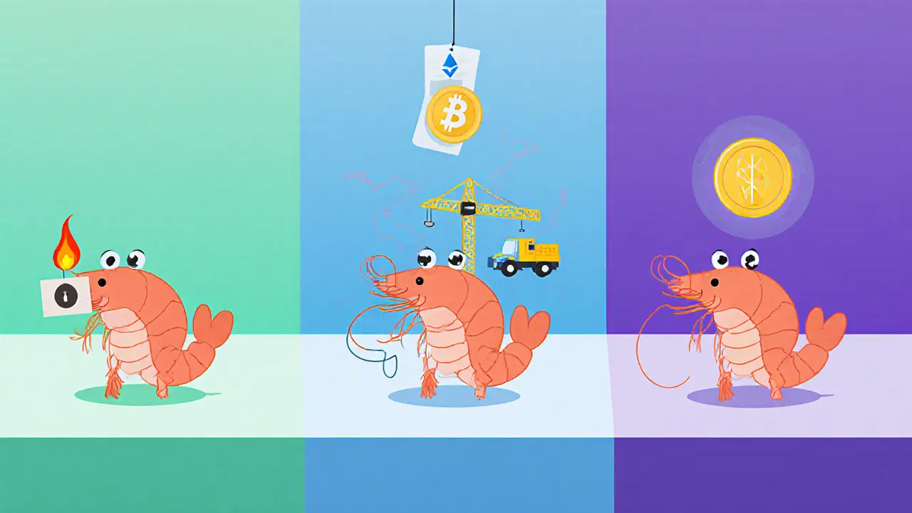 Three shrimp characters on a stage: Aptos shrimp with donation box and flame, Solana shrimp with speed lines and crane, Ethereum shrimp with flickering price tag.