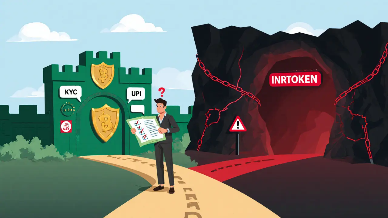 Trader at a fork: safe exchange gate versus risky INRTOKEN cave.