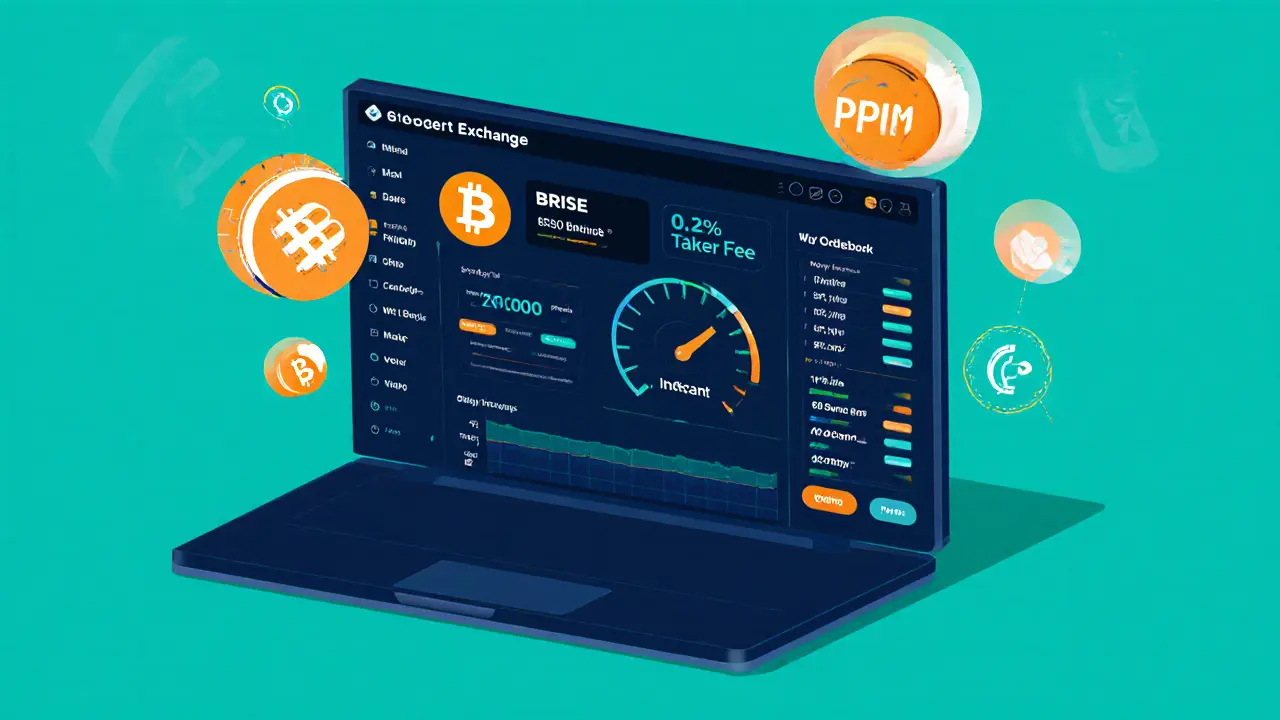 Trading dashboard on laptop shows Bitgert UI with BRISE token, low fee badge, and instant speedometer.
