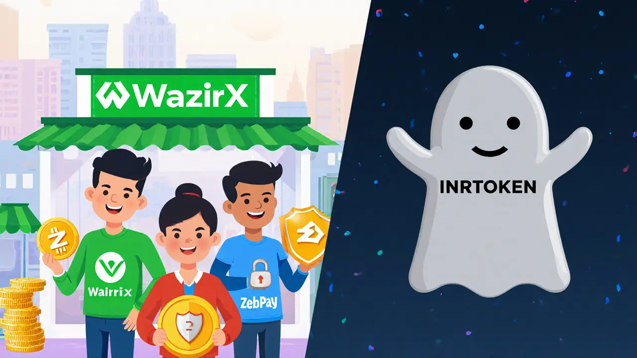 Vibrant exchange characters contrasted with a ghostly INRTOKEN figure.