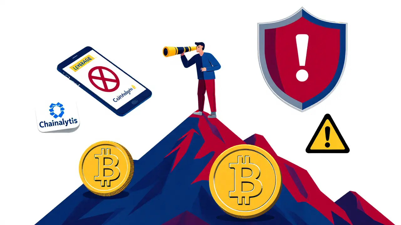 Cartoon trader on a mountain of BTC, ETH, XRP looking through a 100× leverage telescope, with a crossed‑out mobile‑app icon and a warning sign.