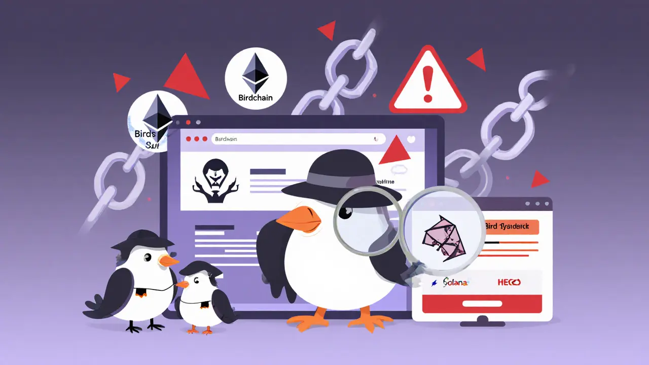 Detective bird inspecting a fake site with warning symbols and blockchain chain links.