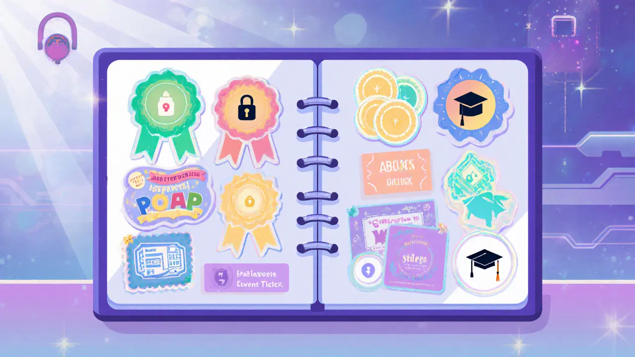 Digital scrapbook showing collected POAP badges unlocking future perks.
