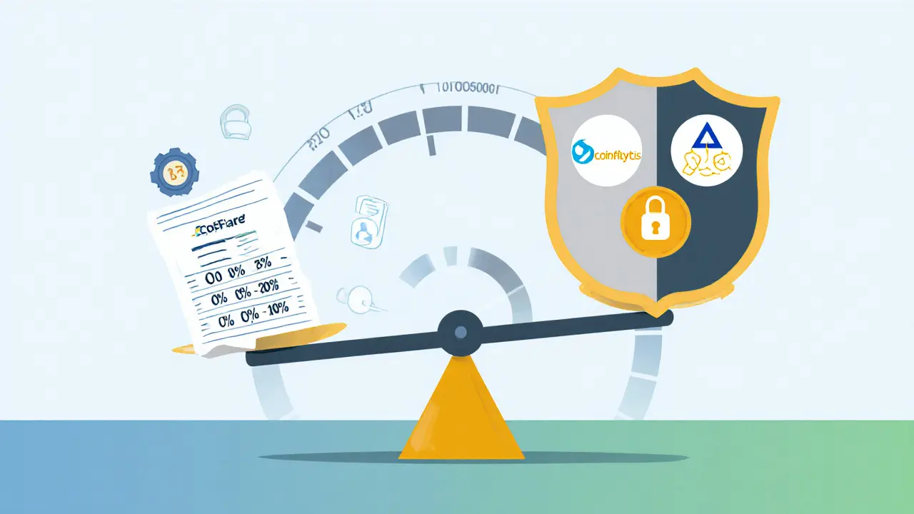 Flat illustration of a fee chart balanced with security shield icons for Chainalysis and Coincover, showing 2FA lock.