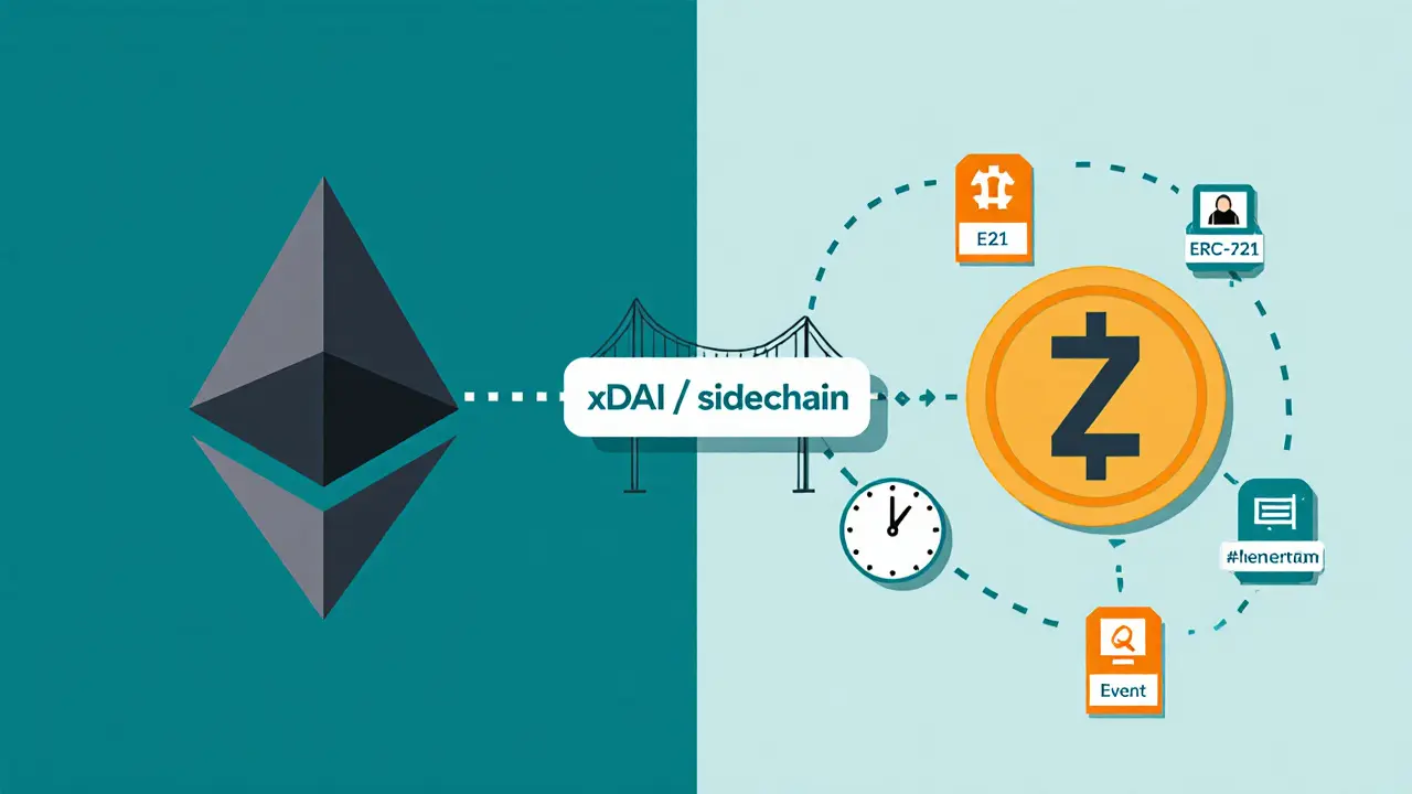 Flat illustration of Ethereum and xDAI sidechain linked by a bridge, showing POAP token creation.