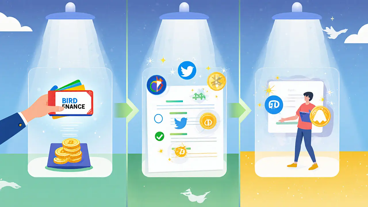 Three-panel cartoon showing wallet connection, social tasks, and holding 100 BIRD tokens.