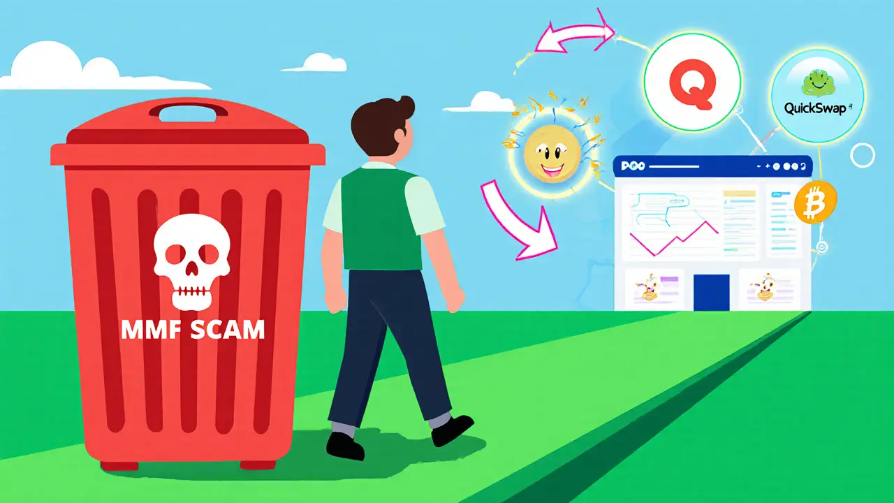 Cartoon investor walking away from a trash can marked MMF Scam toward reputable DEX platforms.