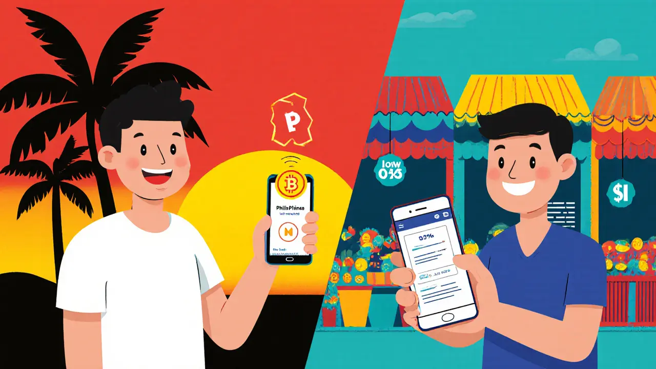 Cartoon of a user in the Philippines sending crypto to a recipient in Mexico, showing fast, low‑fee transfer.