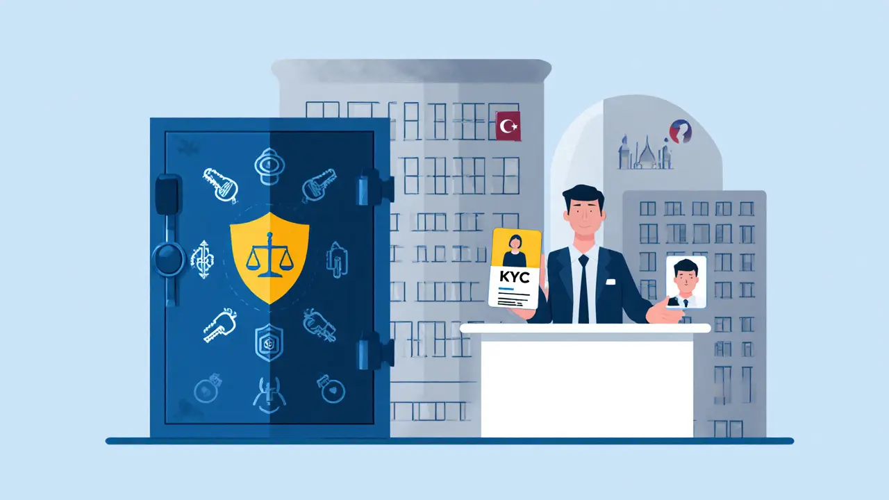 Cartoon vault, shield, and KYC desk symbolizing Bzetmex security and compliance.