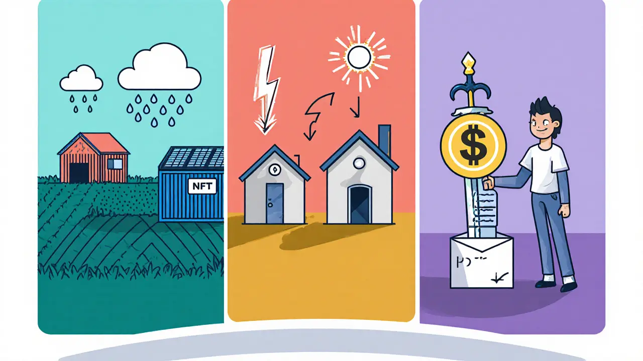 Collage of panels showing smart‑contract uses: insurance, supply chain, energy trading, gaming NFT, voting.