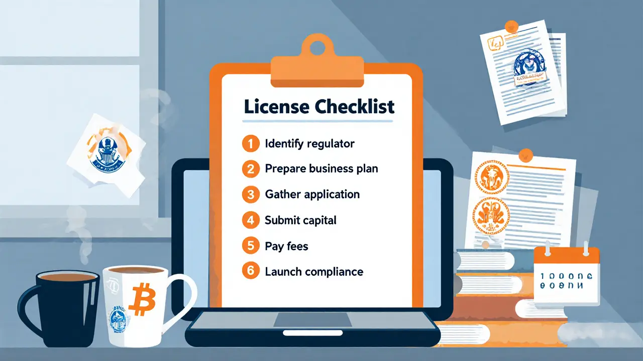 Desk with clipboard checklist, laptop showing regulator logos, and documents for crypto licensing steps.